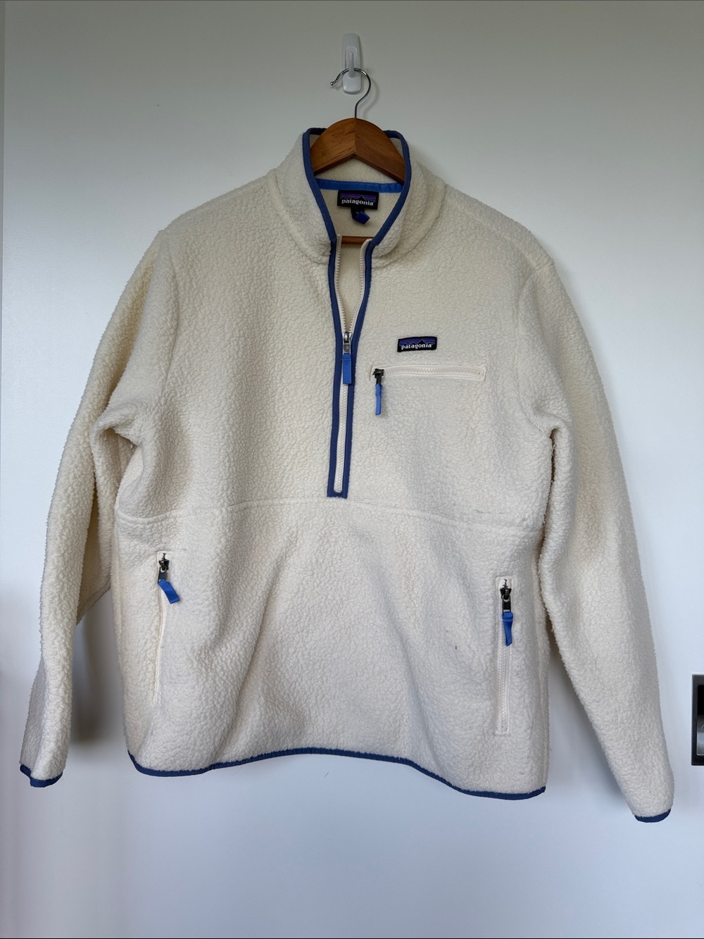 Patagonia Cream Fleece Pullover with Blue Trim